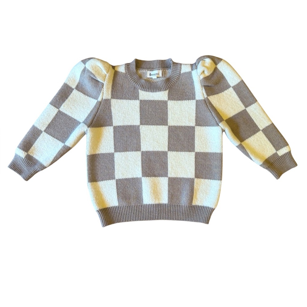 & Merci Cream & Brown Checkered Puff Sleeve Sweater 3/4 Sleeve Size Small